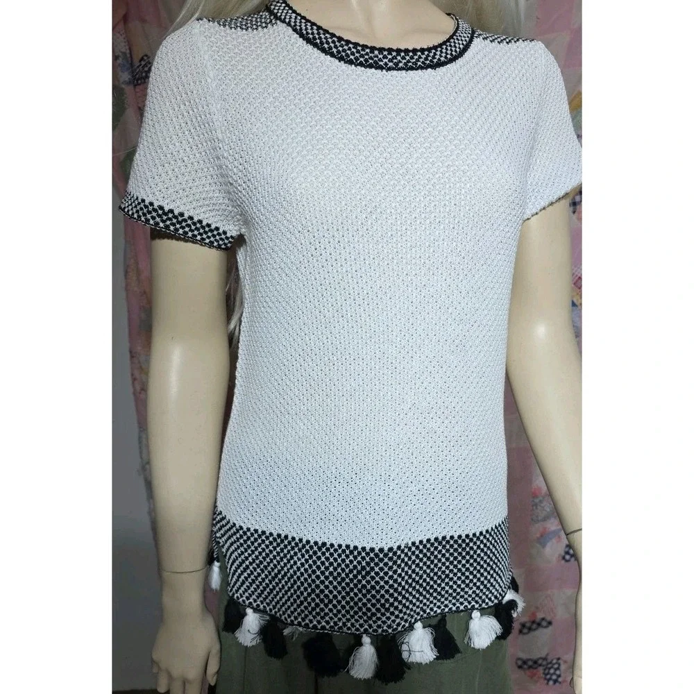 Anthropologie Black And White Knit Women's short sleeve‎ sweater With Tassels S